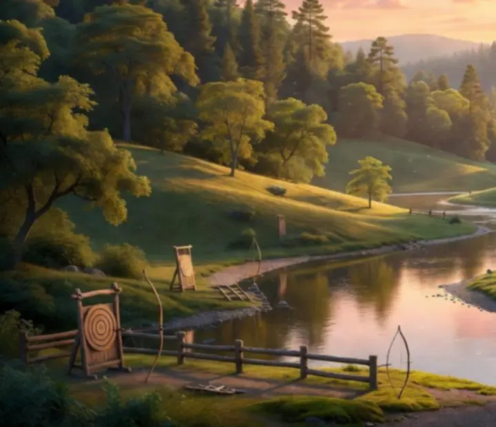 Spokojny krajobraz Arrow Valley z zieloną doliną, drzewami i drewnianą strzelnicą łuczniczą o zachodzie słońca